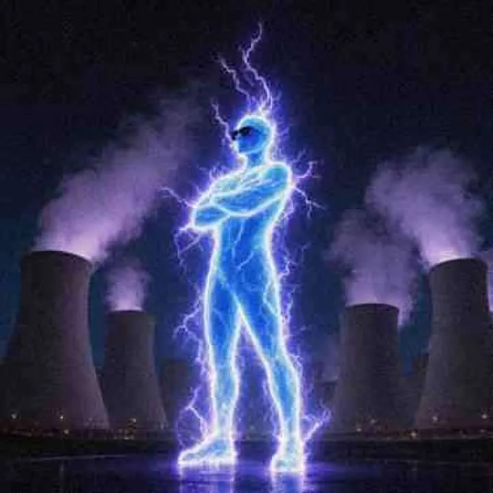 Lightning figure in sunglasses in front of cooling towers